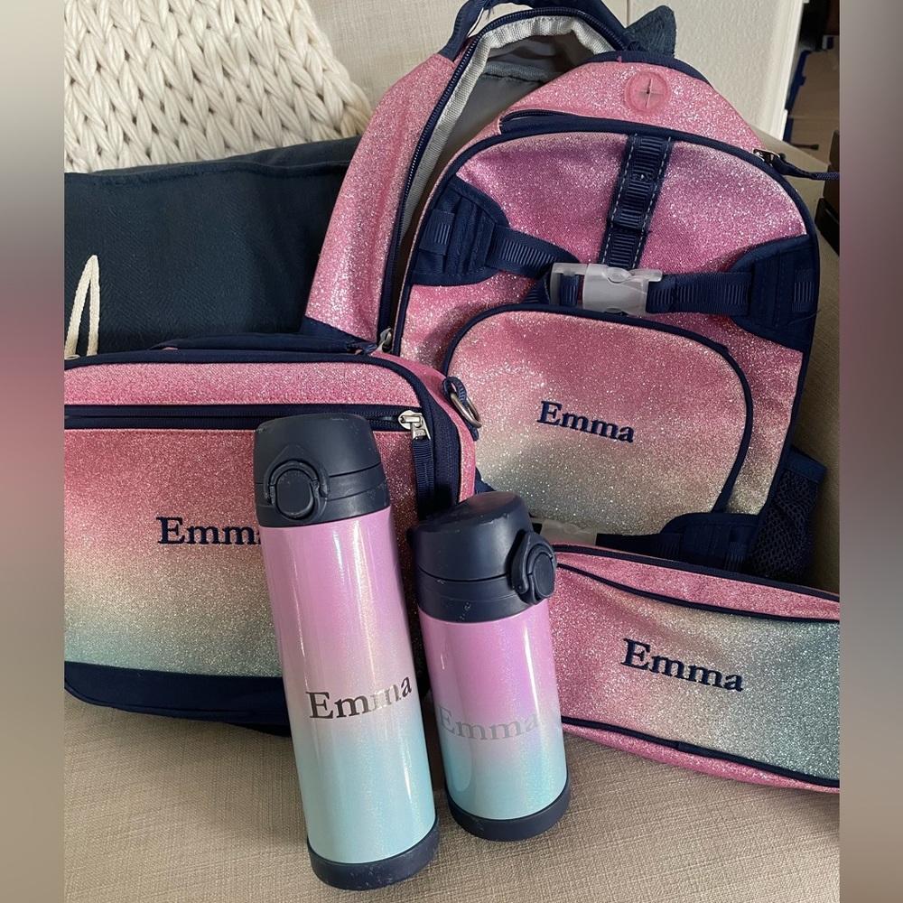 Pottery Barn Kids Rainbow glitter Mackenzie backpack set w/ “Emma” embroidery